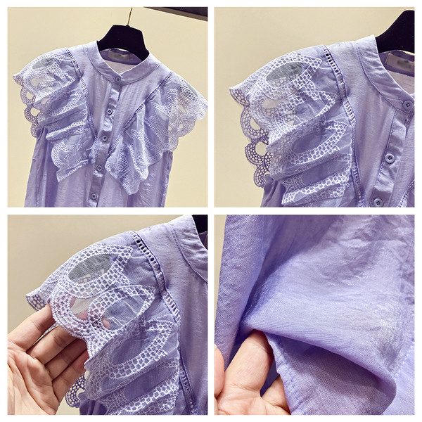 Cămașă modernă de damă cu mâneci din dantelă și nasturi în albastru și alb