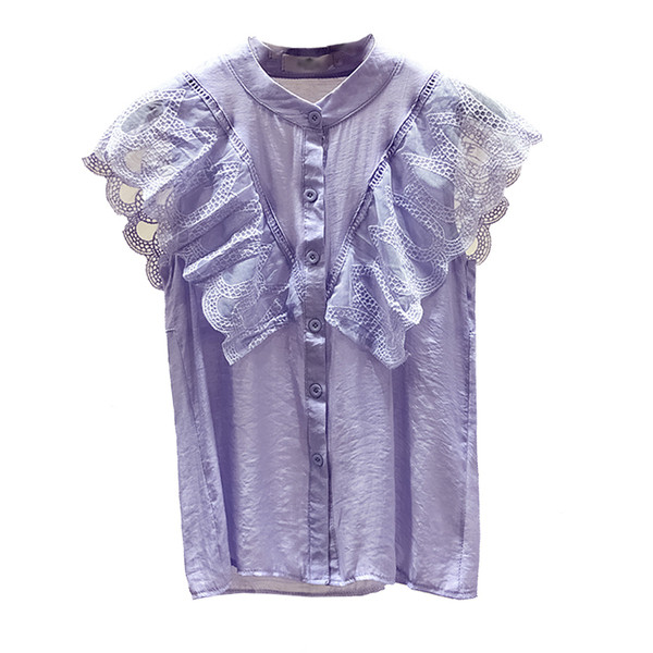 Cămașă modernă de damă cu mâneci din dantelă și nasturi în albastru și alb