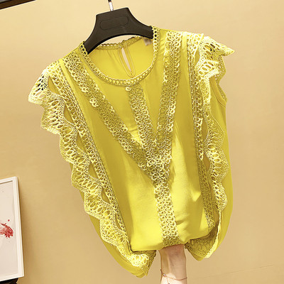 Maieu de damă din șifon cu dantelă, alb, roz și galben