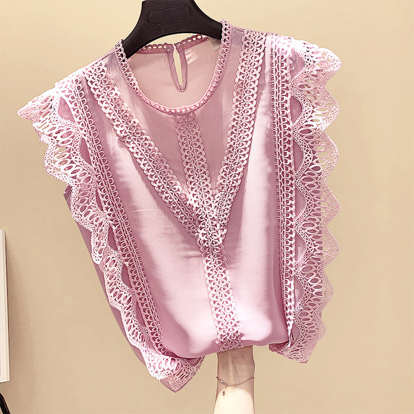 Maieu de damă din șifon cu dantelă, alb, roz și galben