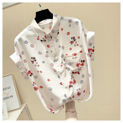 Cămașă casual de damă cu mâneci scurte și imprimeu floral în alb