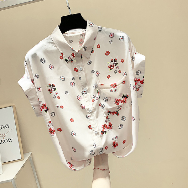 Cămașă casual de damă cu mâneci scurte și imprimeu floral în alb