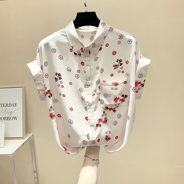 Cămașă casual de damă cu mâneci scurte și imprimeu floral în alb