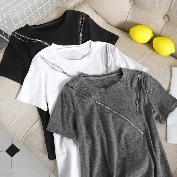 Μοντέρνα γυναικεία T-shirt με φερμουάρ σε λευκό, μαύρο και γκρι χρώμα