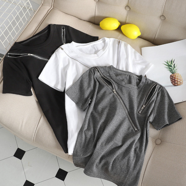 Μοντέρνα γυναικεία T-shirt με φερμουάρ σε λευκό, μαύρο και γκρι χρώμα