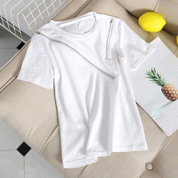 Μοντέρνα γυναικεία T-shirt με φερμουάρ σε λευκό, μαύρο και γκρι χρώμα