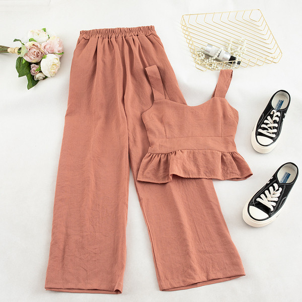 Μοντέρνο γυναικείο φσετ - αμάνικο και παντελόνι σε τρία χρώματα