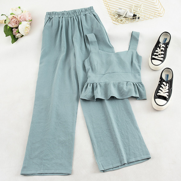 Μοντέρνο γυναικείο φσετ - αμάνικο και παντελόνι σε τρία χρώματα