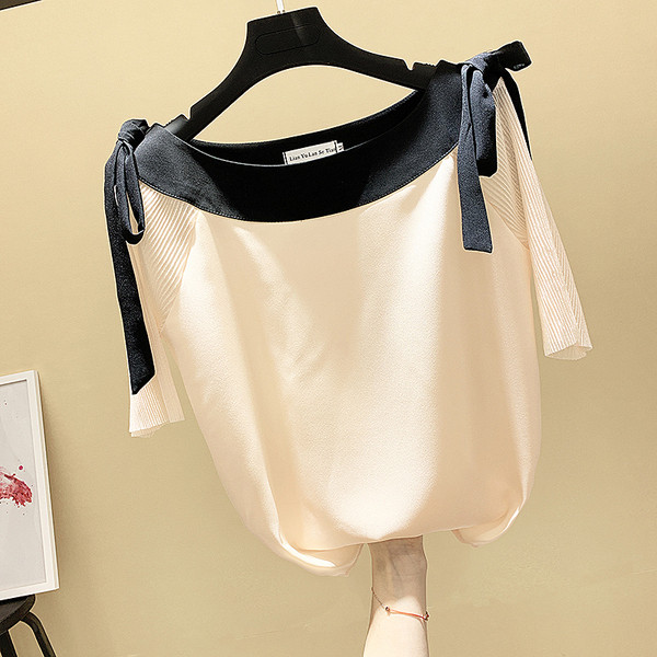 Γυναικεία μπλούζα με λαιμόκοψη και  κορδόνια σε δύο χρώματα