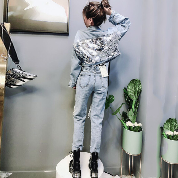 Jachetă scurtă de denim de damă modernă cu paiete de culoare albastră