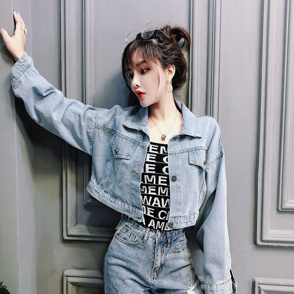 Jachetă scurtă de denim de damă modernă cu paiete de culoare albastră