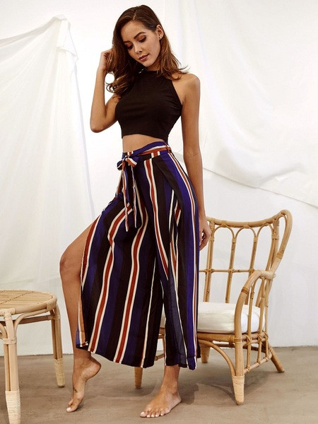 Pantaloni 7/8 de damă moderni în dungi, cu curea