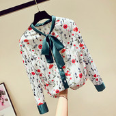 Cămașă de șifon de damă cu imprimeu floral cu mâneci lungi și cravate