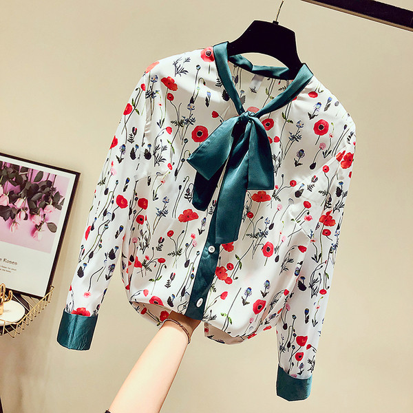 Cămașă de șifon de damă cu imprimeu floral cu mâneci lungi și cravate
