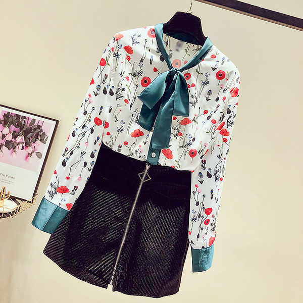 Cămașă de șifon de damă cu imprimeu floral cu mâneci lungi și cravate