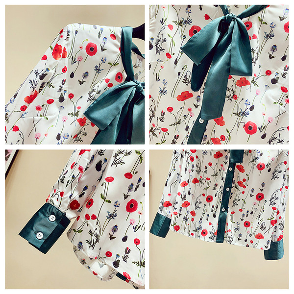 Cămașă de șifon de damă cu imprimeu floral cu mâneci lungi și cravate