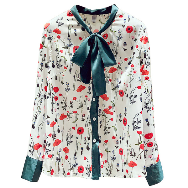 Cămașă de șifon de damă cu imprimeu floral cu mâneci lungi și cravate