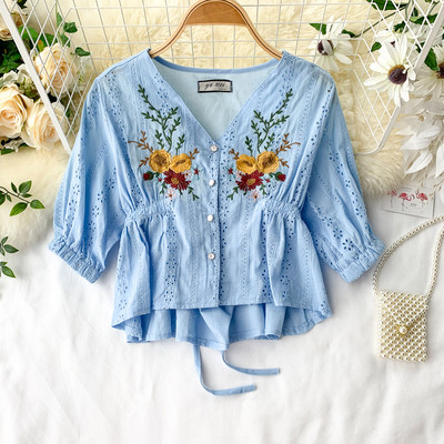 Camasa scurta de dama eleganta cu broderie in mai multe culori