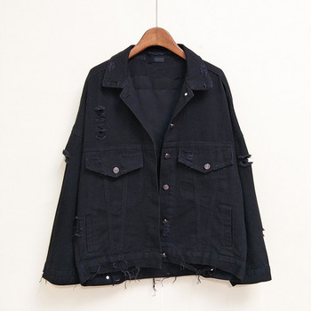 Модерно дамско дънково яке с пайети и разкъсани мотиви в черен и червен цвят 