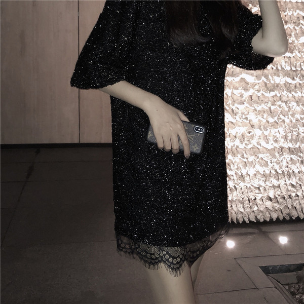 Rochie de dama model lat cu efect stralucitor in negru