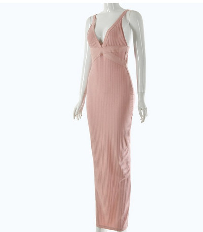 Κομψό γυναικείο φόρεμα Slim - μοντέλο με ντεκολτέ σε σχήμα V σε ροζ χρώμα