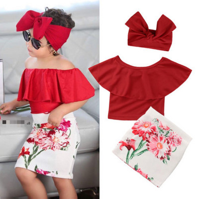 Модерен детски комплект блуза и пола с флорални мотиви за момичета