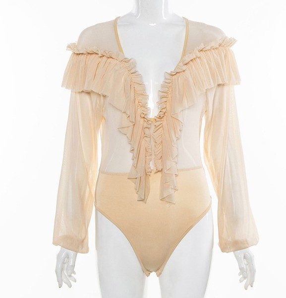 Stílusos női test mély nyakkivágással és hosszú ujjú fekete és bézs színben