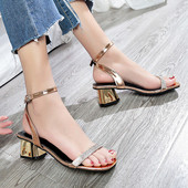 Sandale de dama moderne cu toc gros si pietre in trei culori