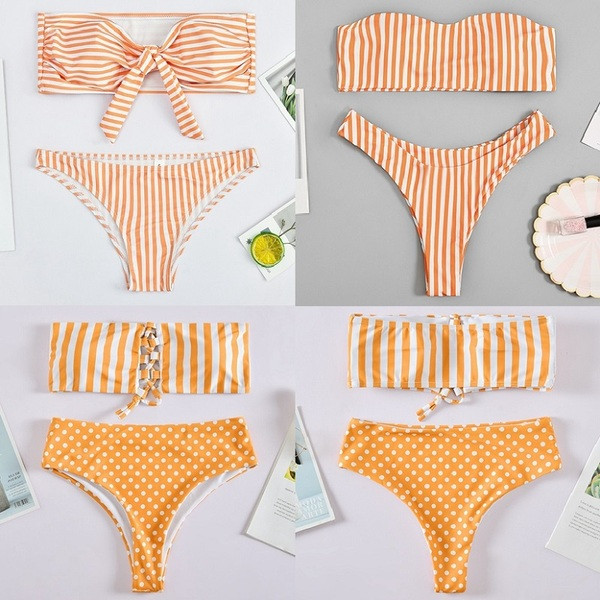 Csíkos fürdőruha két részből narancssárga színben - három modell