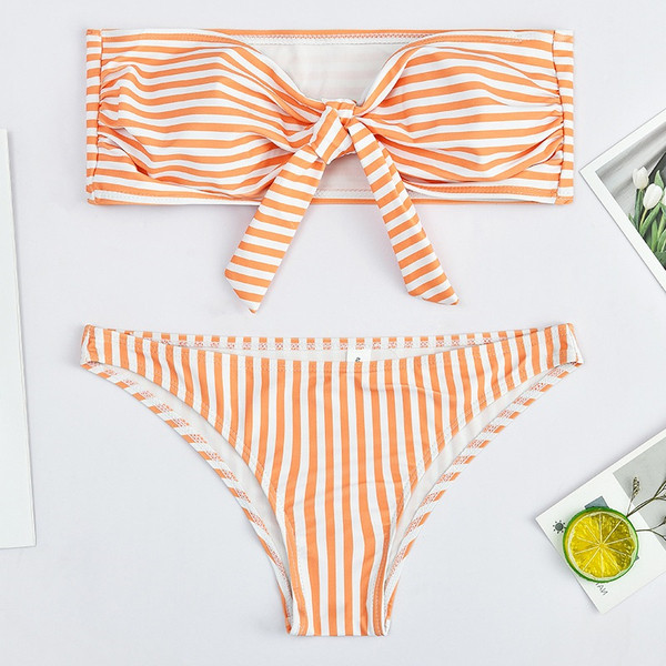 Csíkos fürdőruha két részből narancssárga színben - három modell