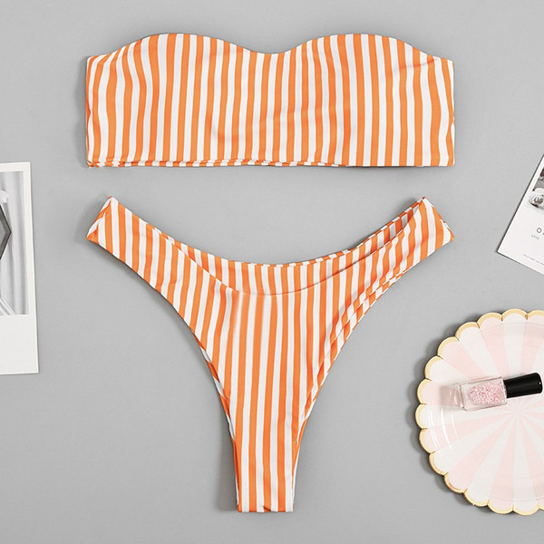 Csíkos fürdőruha két részből narancssárga színben - három modell