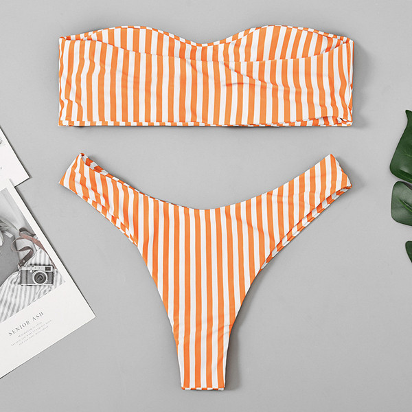 Csíkos fürdőruha két részből narancssárga színben - három modell
