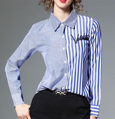 Дамска раирана риза с дълъг ръкав и бродерия 