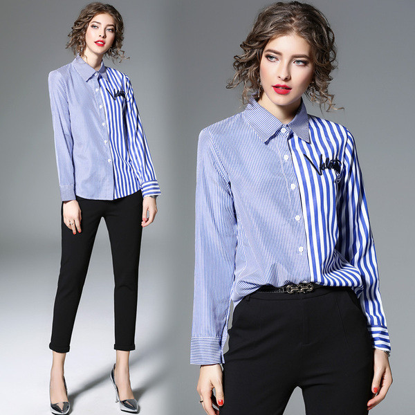 Cămașă de damă în dungi, cu mâneci lungi și broderie