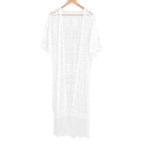 Női csipke pareo rojtokkal, fehér színben