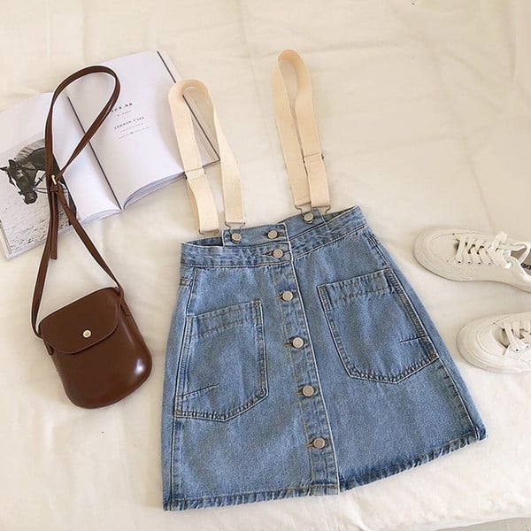 Fusta de dama moderna din denim cu bretele in albastru