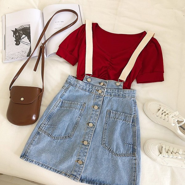 Fusta de dama moderna din denim cu bretele in albastru