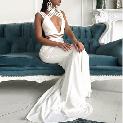 Rochie lunga de dama eleganta cu decolteu in V in alb si negru