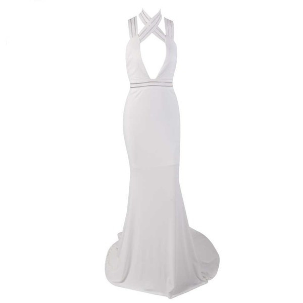 Rochie lunga de dama eleganta cu decolteu in V in alb si negru