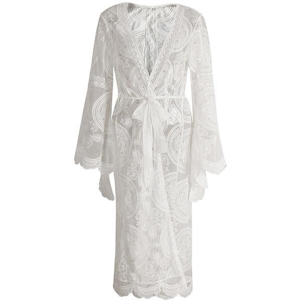 Model pareo lung de dama cu maneci lotus in alb