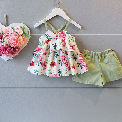 Модерен детски комплект потник и панталон с флорални мотиви за момичета