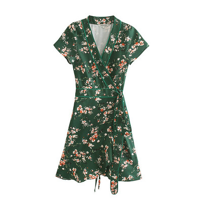 Rochie de dama cu decolteu in V si legaturi in talie cu imprimeu floral