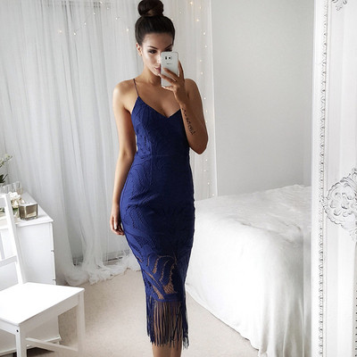 Rochie elegantă de damă, cu bretele subțiri cu franjuri și spate gol