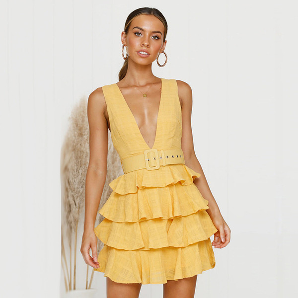 Rochie de dama eleganta cu decolteu in V si curea galbena