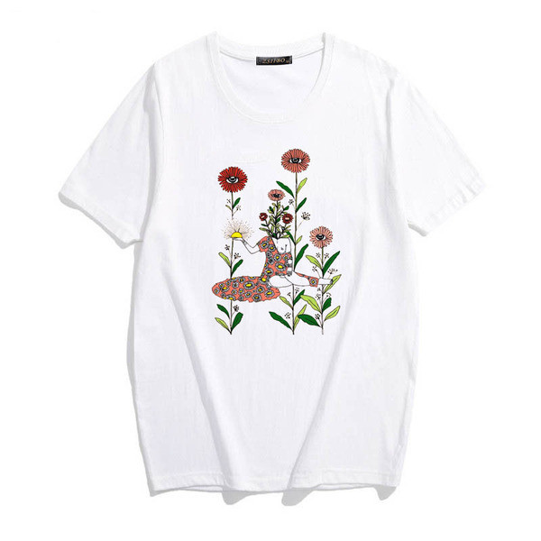 Tricou de dama modern cu motive florale in alb