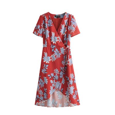 Rochie casual de damă, cu mâneci scurte cu decolteu în V și legături în talie