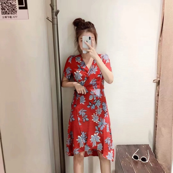 Rochie casual de damă, cu mâneci scurte cu decolteu în V și legături în talie