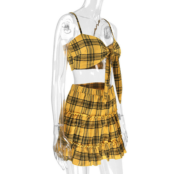 Set elegant de damă în carouri din două părți în galben