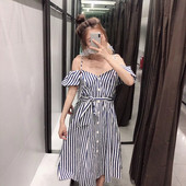 Rochie de dama in dungi cu bretele si maneci scurte