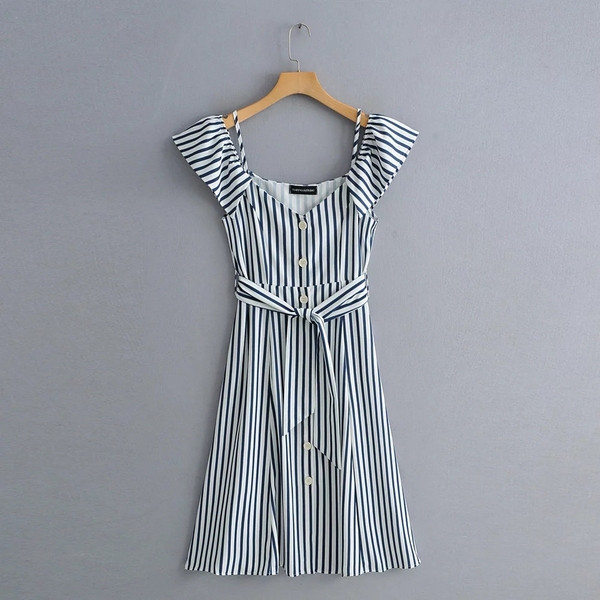 Rochie de dama in dungi cu bretele si maneci scurte